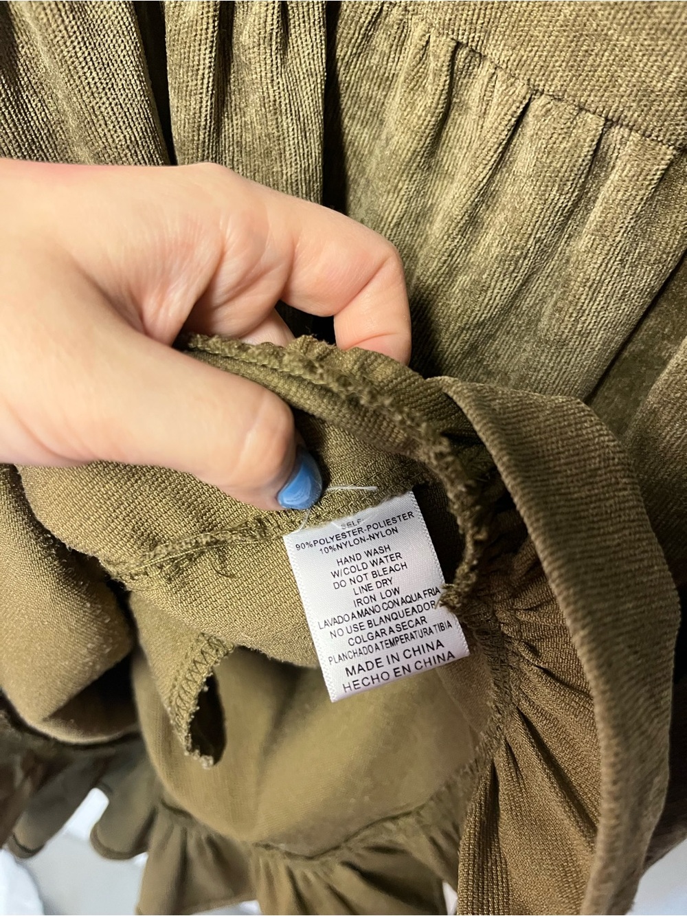 Listicle Olive Green Corduroy Pinafore Overall Dress Size Small Ruffle Hem - Picture 5 of 6